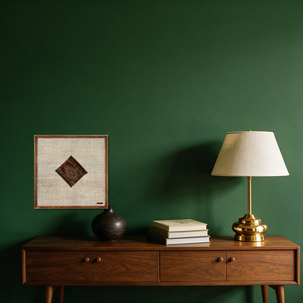 Red, Gold & Black Kilim Medallion on Cream woven wall art in a second styled room setting, for scale - WA-MED-RED-5050-051