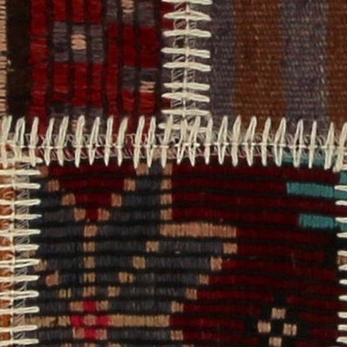 Close-up of the handwoven kilim weave - Red, Navy & Ochre Kilim Patchwork on Multicolor - WA-PCH-RED-8855-052 - Arconiz