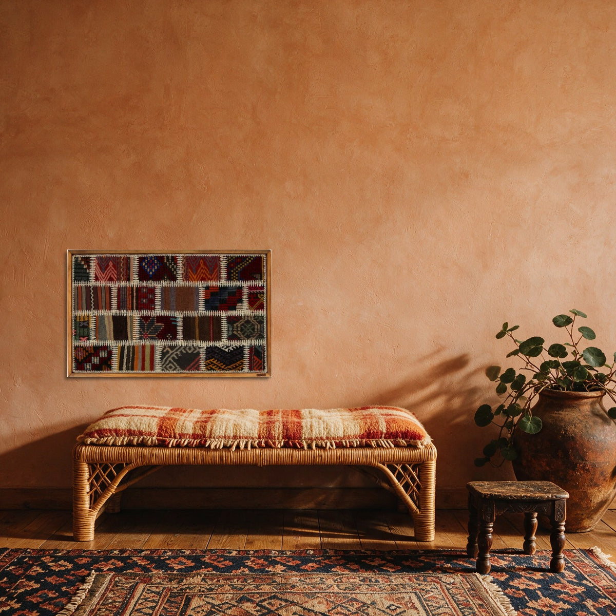 Red, Navy & Ochre Kilim Patchwork on Multicolor woven wall art in a second styled room setting, for scale - WA-PCH-RED-8855-052