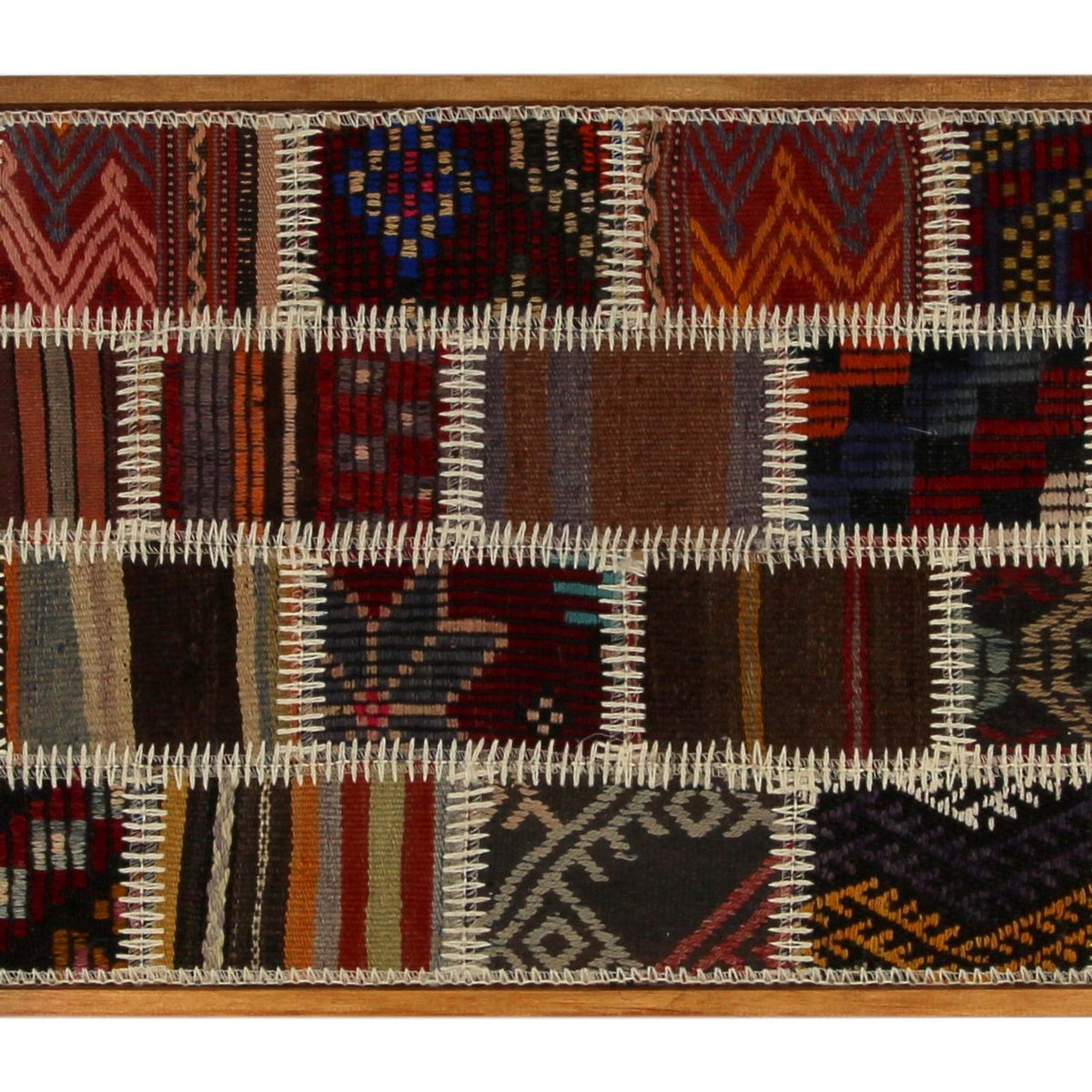 Red, Navy & Ochre Kilim Patchwork woven wall art 35" x 22" - WA-PCH-RED-8855-052 - Arconiz
