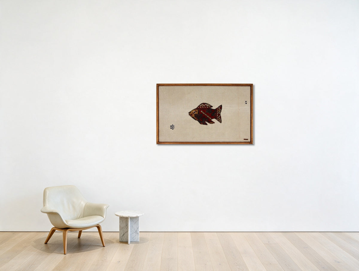 Red & Ochre Kilim Fish on Cream woven wall art shown hanging in a styled room, for scale - WA-FSH-RED-8855-053