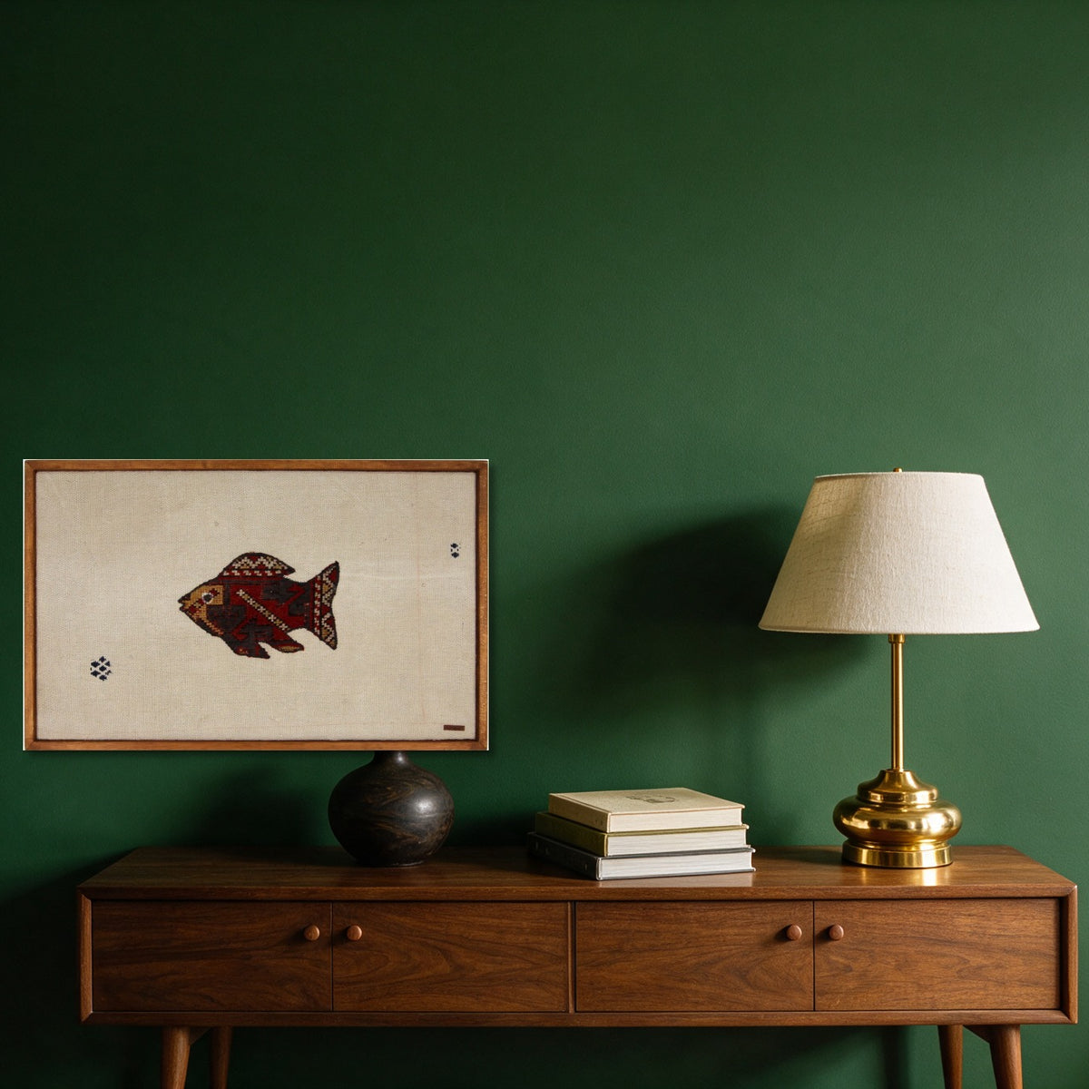 Red & Ochre Kilim Fish on Cream woven wall art in a second styled room setting, for scale - WA-FSH-RED-8855-053