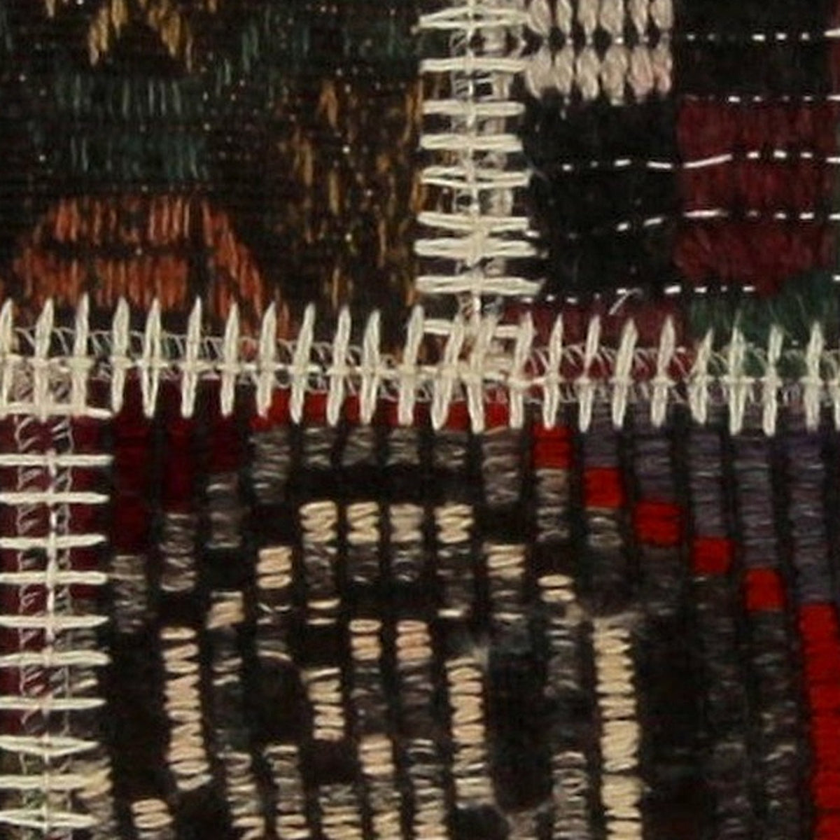 Close-up of the handwoven kilim weave - Red, Black & Teal Kilim Patchwork on Multicolor - WA-PCH-RED-8855-054 - Arconiz