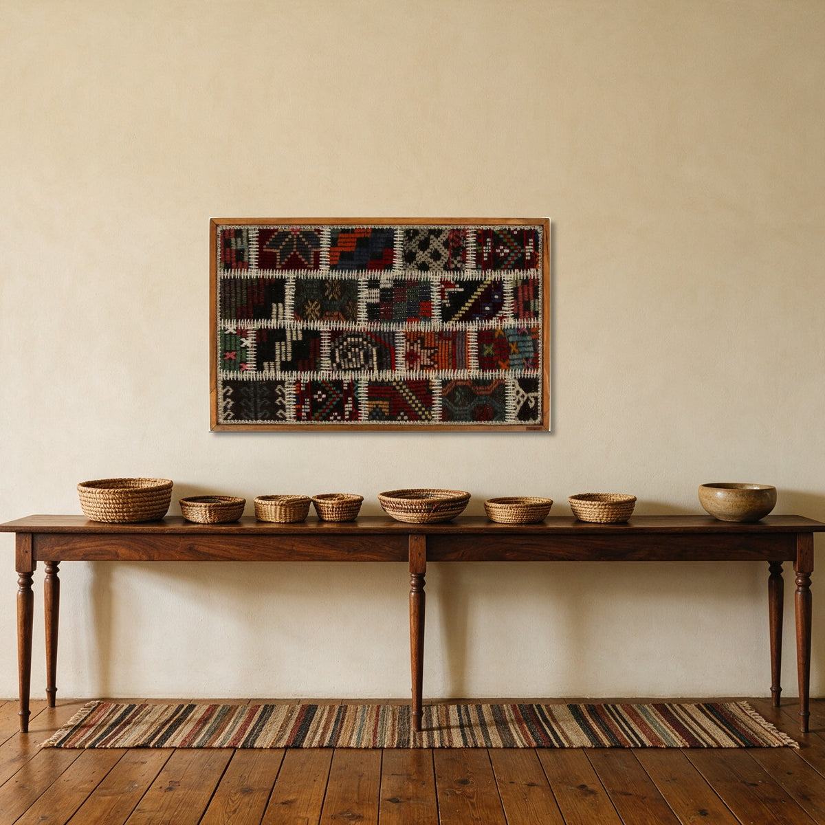Red, Black & Teal Kilim Patchwork on Multicolor woven wall art shown hanging in a styled room, for scale - WA-PCH-RED-8855-054
