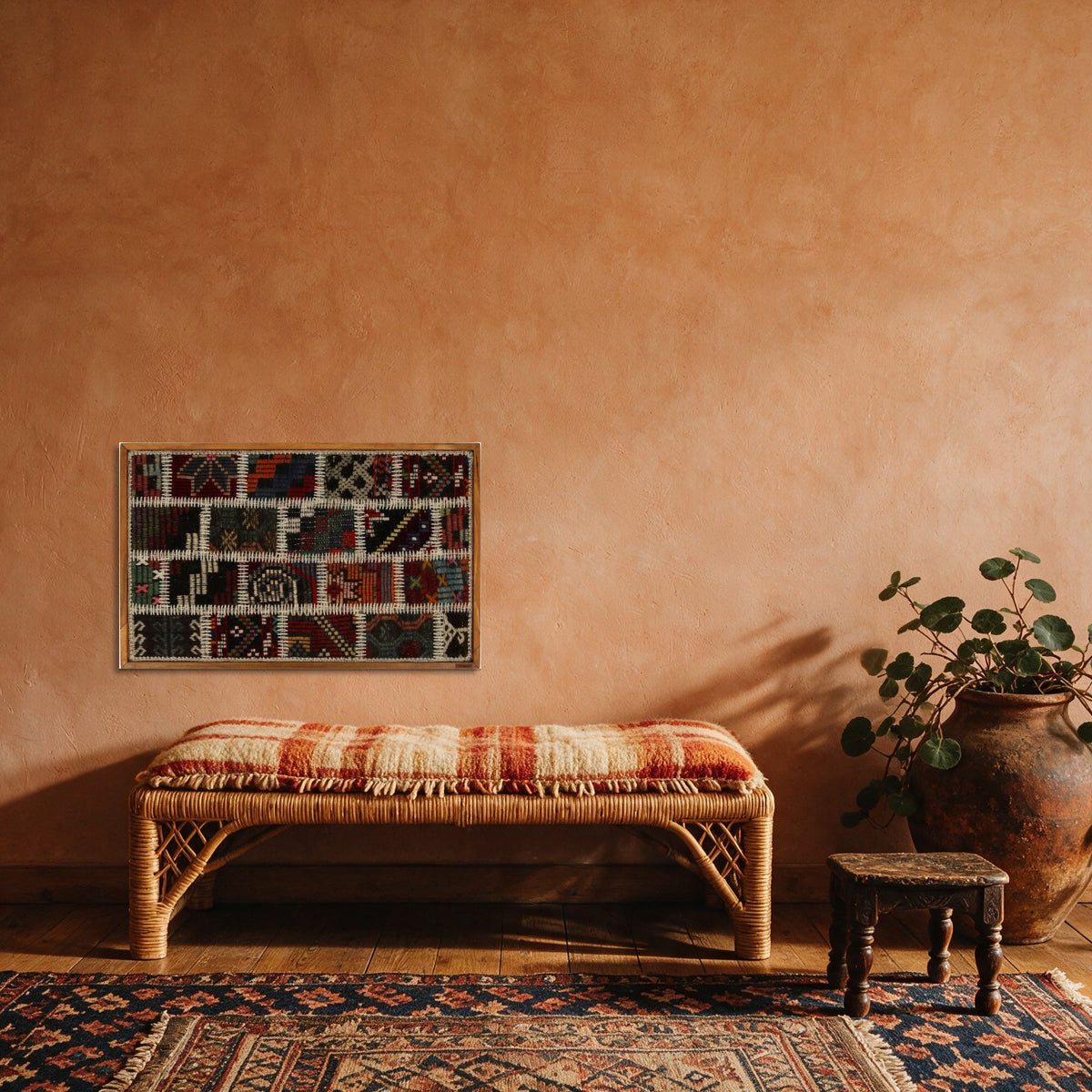 Red, Black & Teal Kilim Patchwork on Multicolor woven wall art in a second styled room setting, for scale - WA-PCH-RED-8855-054