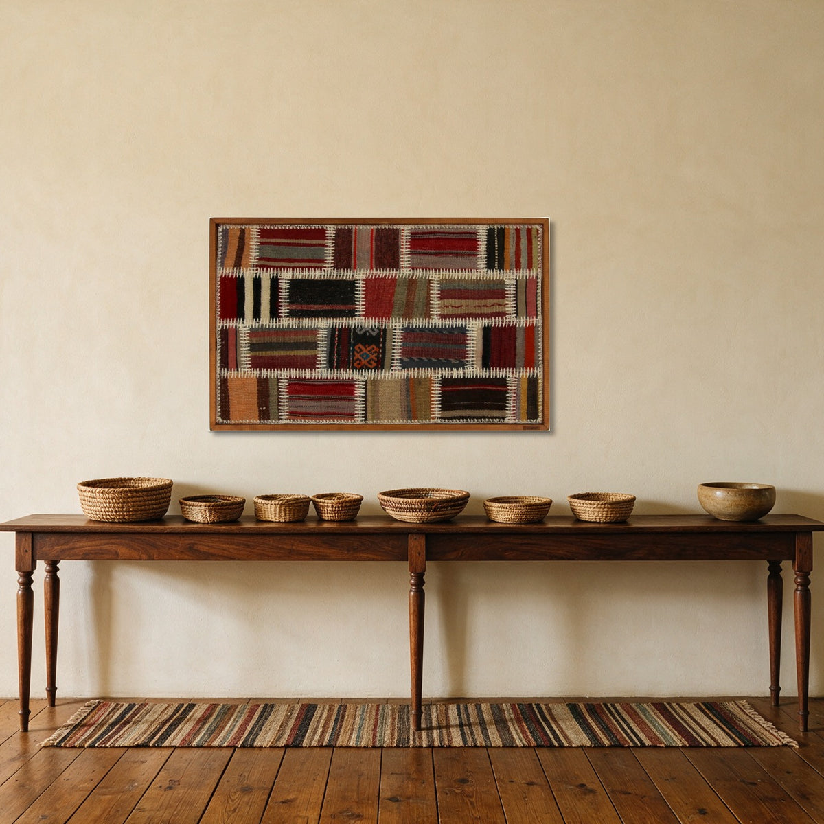 Rust, Black & Cream Kilim Patchwork on Warm Multicolor woven wall art in a second styled room setting, for scale - WA-PCH-RUS-8855-055