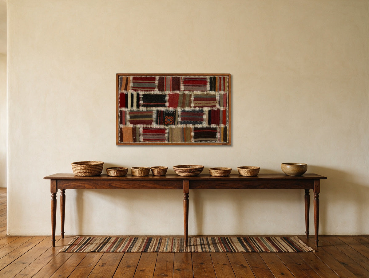 Rust, Black & Cream Kilim Patchwork on Warm Multicolor woven wall art in a second styled room setting, for scale - WA-PCH-RUS-8855-055