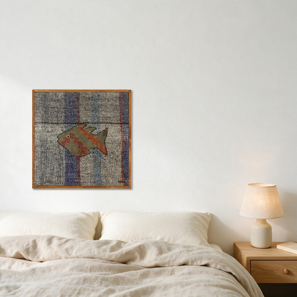 Olive & Coral Kilim Fish on Blue & Grey Stripe woven wall art shown hanging in a styled room, for scale - WA-FSH-OLI-6060-056