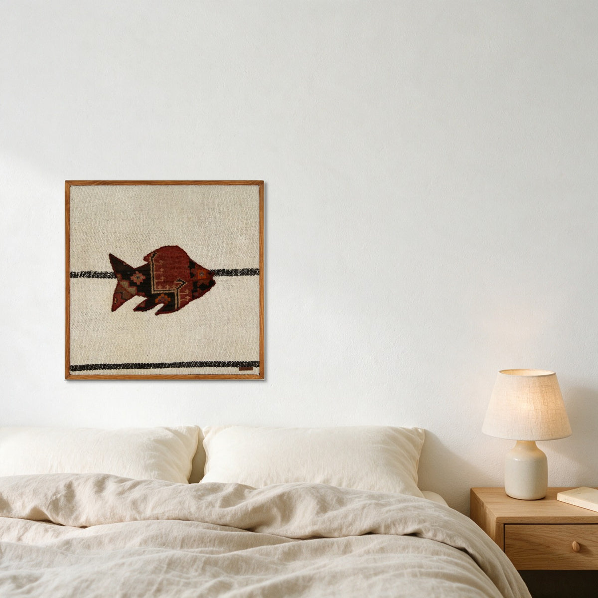 Deep Red Kilim Fish on Cream & Black Band woven wall art in a second styled room setting, for scale - WA-FSH-DEE-6060-057