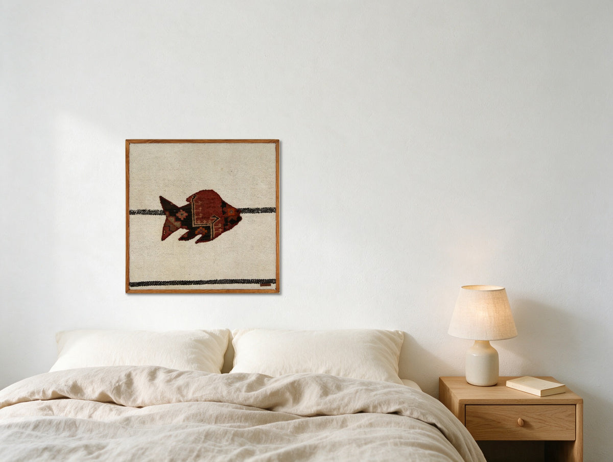Deep Red Kilim Fish on Cream & Black Band woven wall art in a second styled room setting, for scale - WA-FSH-DEE-6060-057