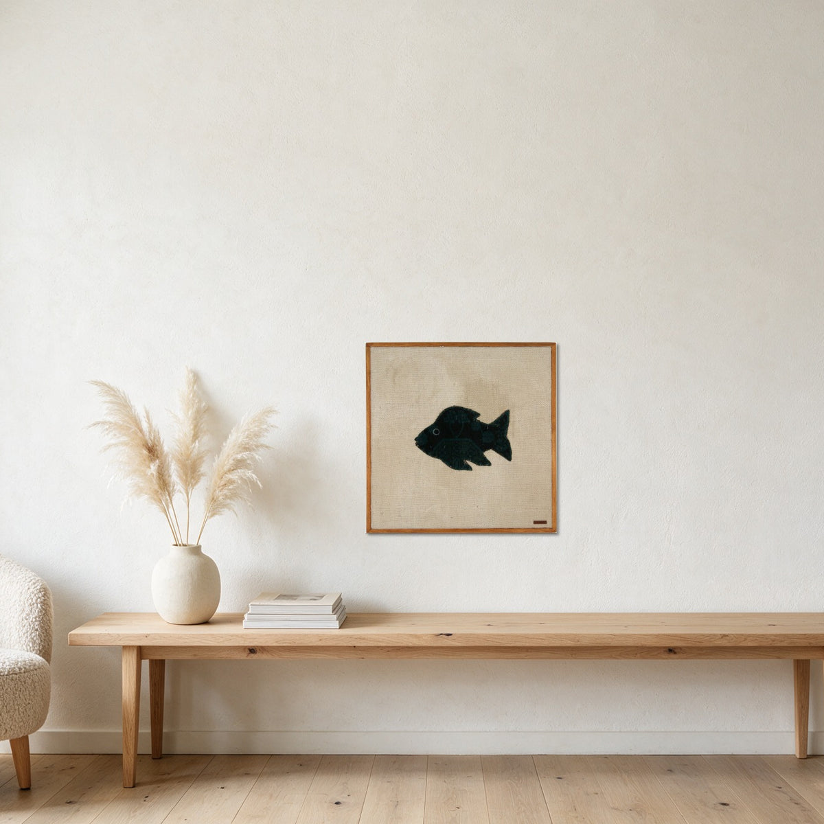Near Black Kilim Fish on Cream woven wall art in a second styled room setting, for scale - WA-FSH-NEA-6060-058