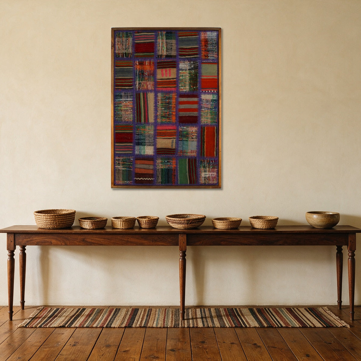 Violet, Red & Teal Kilim Patchwork on Jewel Multicolor woven wall art shown hanging in a styled room, for scale - WA-PCH-VIO-6595-061
