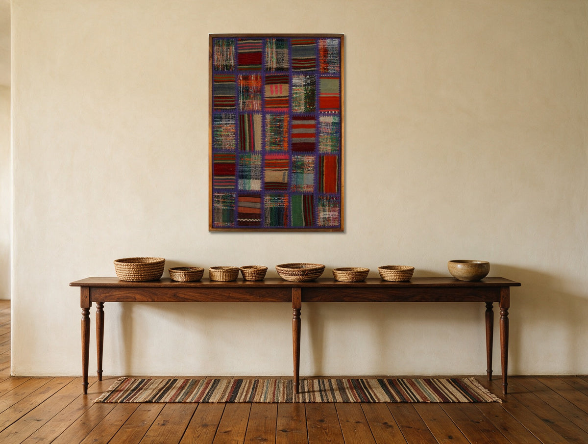Violet, Red & Teal Kilim Patchwork on Jewel Multicolor woven wall art shown hanging in a styled room, for scale - WA-PCH-VIO-6595-061