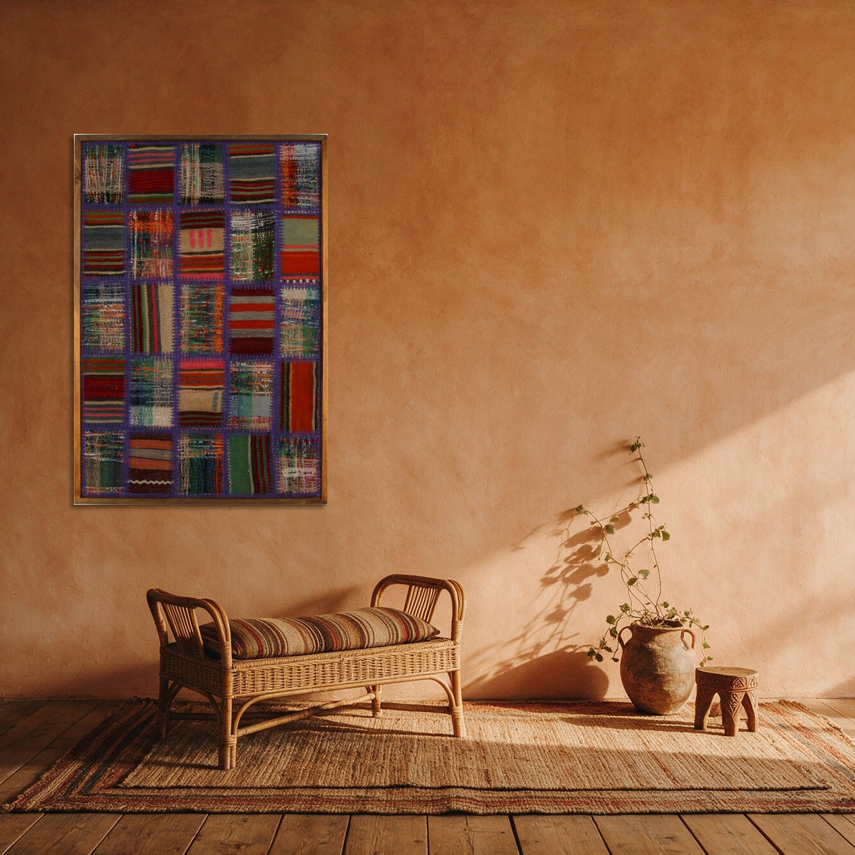 Violet, Red & Teal Kilim Patchwork on Jewel Multicolor woven wall art in a second styled room setting, for scale - WA-PCH-VIO-6595-061