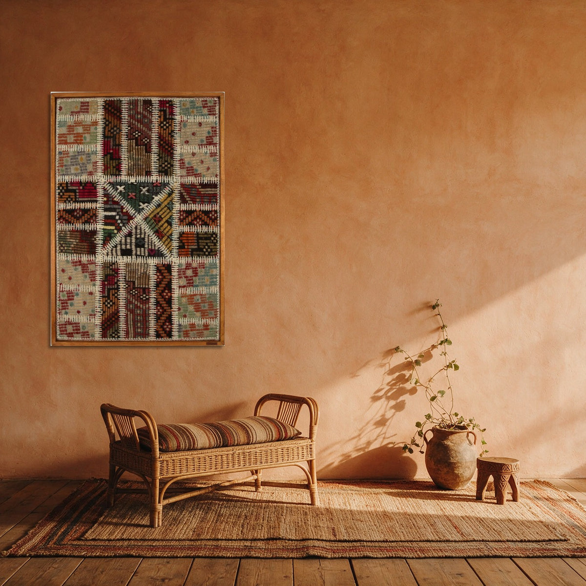 Rust & Black Kilim Patchwork on Warm Cream woven wall art shown hanging in a styled room, for scale - WA-PCH-RUS-6595-062