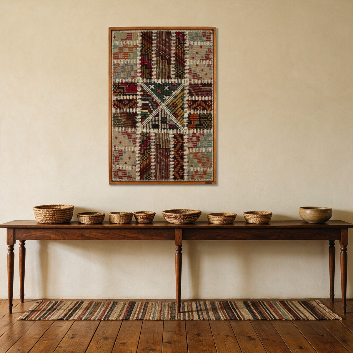 Rust & Black Kilim Patchwork on Warm Cream woven wall art in a second styled room setting, for scale - WA-PCH-RUS-6595-062