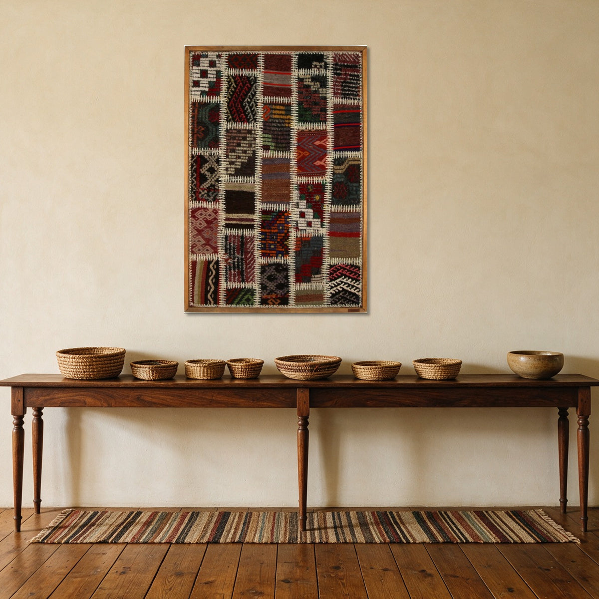Black & Ivory Kilim Patchwork on Cream & Burgundy woven wall art shown hanging in a styled room, for scale - WA-PCH-BLA-6595-063