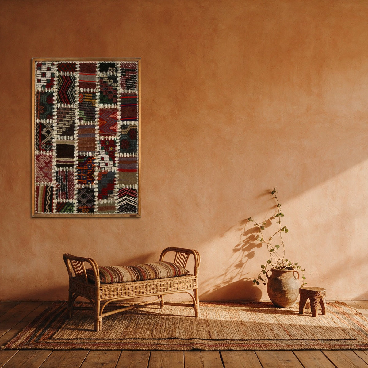 Black & Ivory Kilim Patchwork on Cream & Burgundy woven wall art in a second styled room setting, for scale - WA-PCH-BLA-6595-063