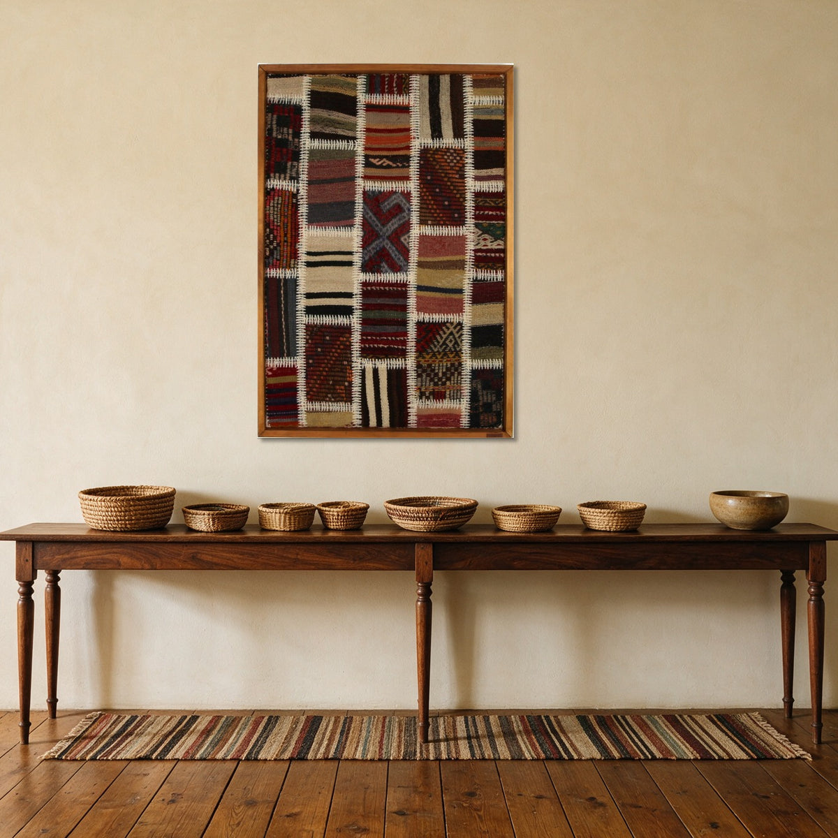Cream & Black Kilim Patchwork on Warm Rust woven wall art in a second styled room setting, for scale - WA-PCH-CRE-6595-064