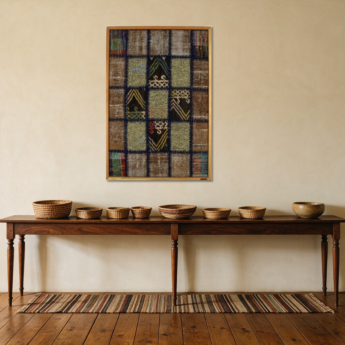 Navy & Tan Kilim Patchwork on Muted Brown woven wall art shown hanging in a styled room, for scale - WA-PCH-NAV-6595-065