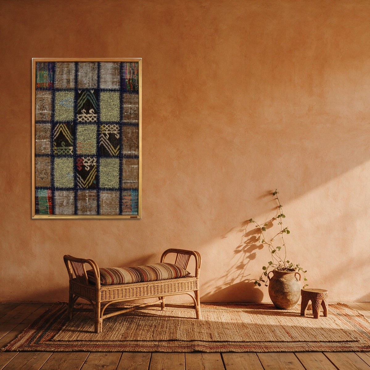 Navy & Tan Kilim Patchwork on Muted Brown woven wall art in a second styled room setting, for scale - WA-PCH-NAV-6595-065