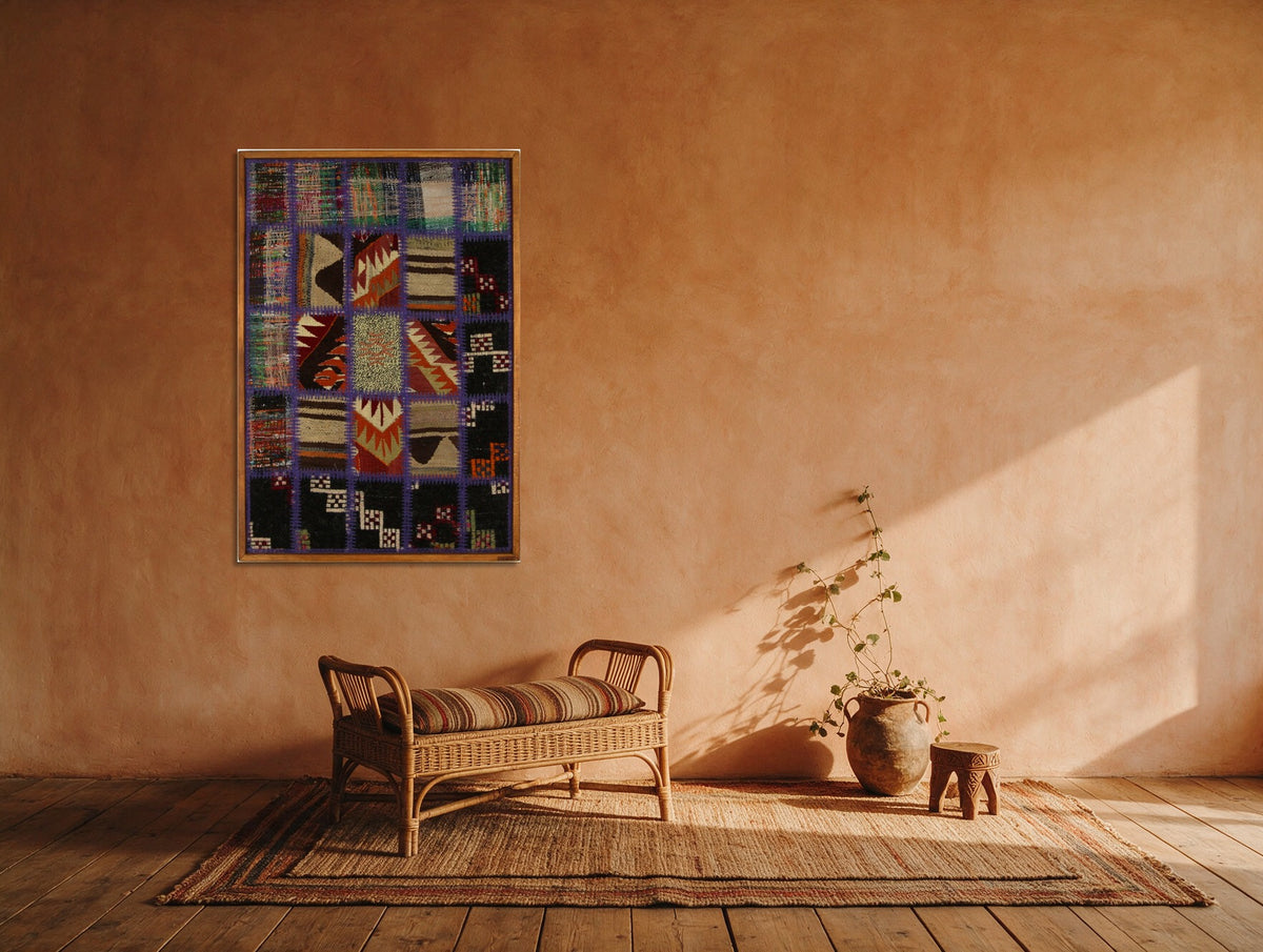 Violet & Cream Kilim Patchwork on Black & Red woven wall art shown hanging in a styled room, for scale - WA-PCH-VIO-6595-066