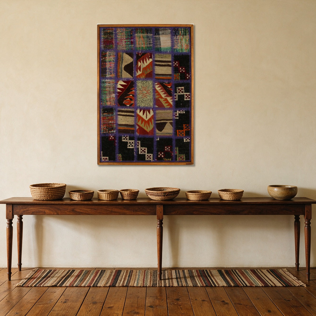 Violet & Cream Kilim Patchwork on Black & Red woven wall art in a second styled room setting, for scale - WA-PCH-VIO-6595-066