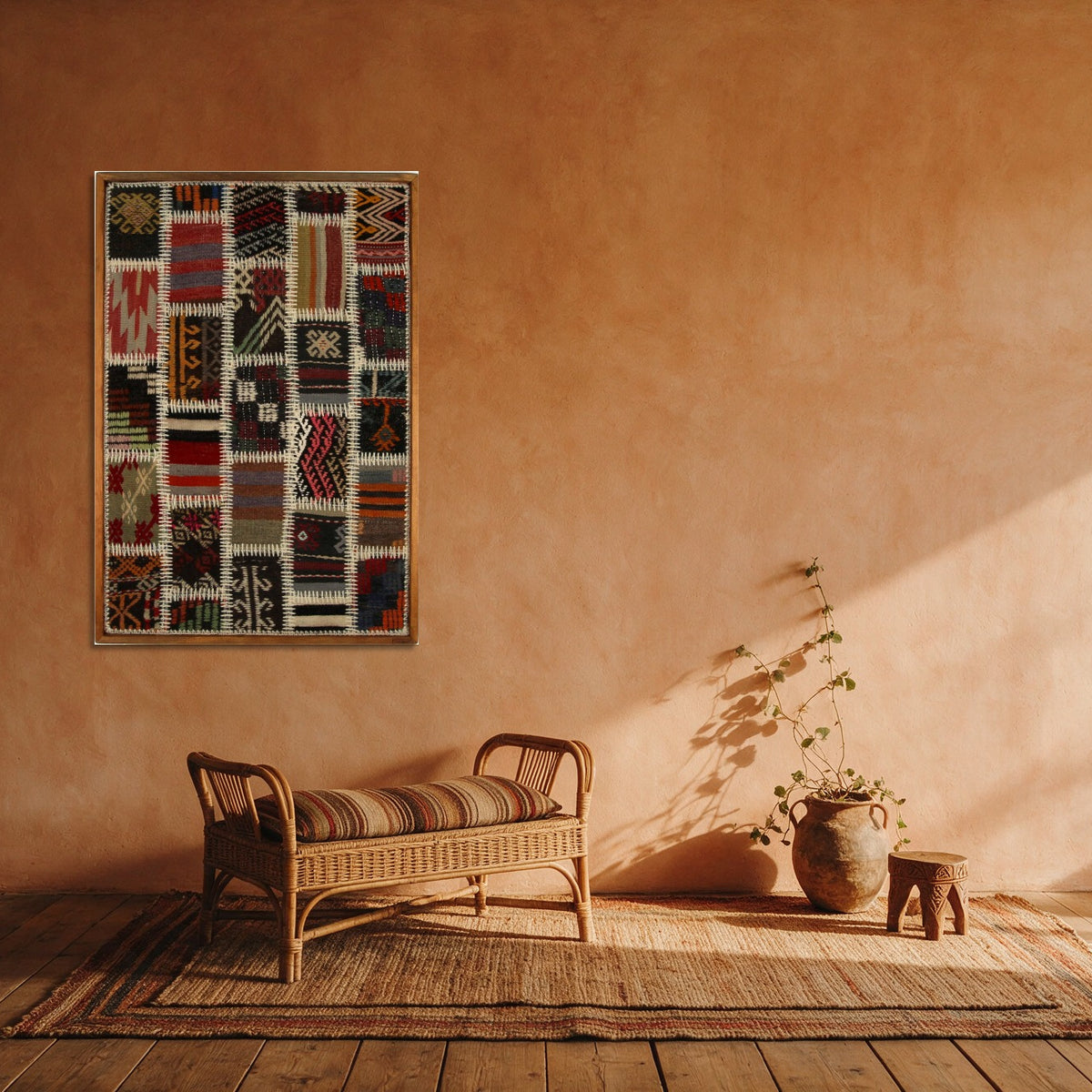 Gold & Ivory Kilim Patchwork on Red & Black woven wall art in a second styled room setting, for scale - WA-PCH-GOL-6595-067