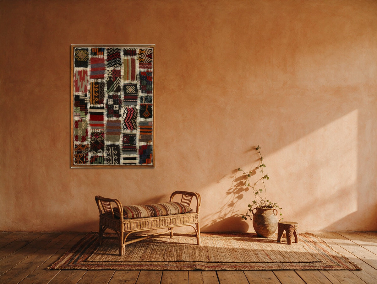 Gold & Ivory Kilim Patchwork on Red & Black woven wall art in a second styled room setting, for scale - WA-PCH-GOL-6595-067