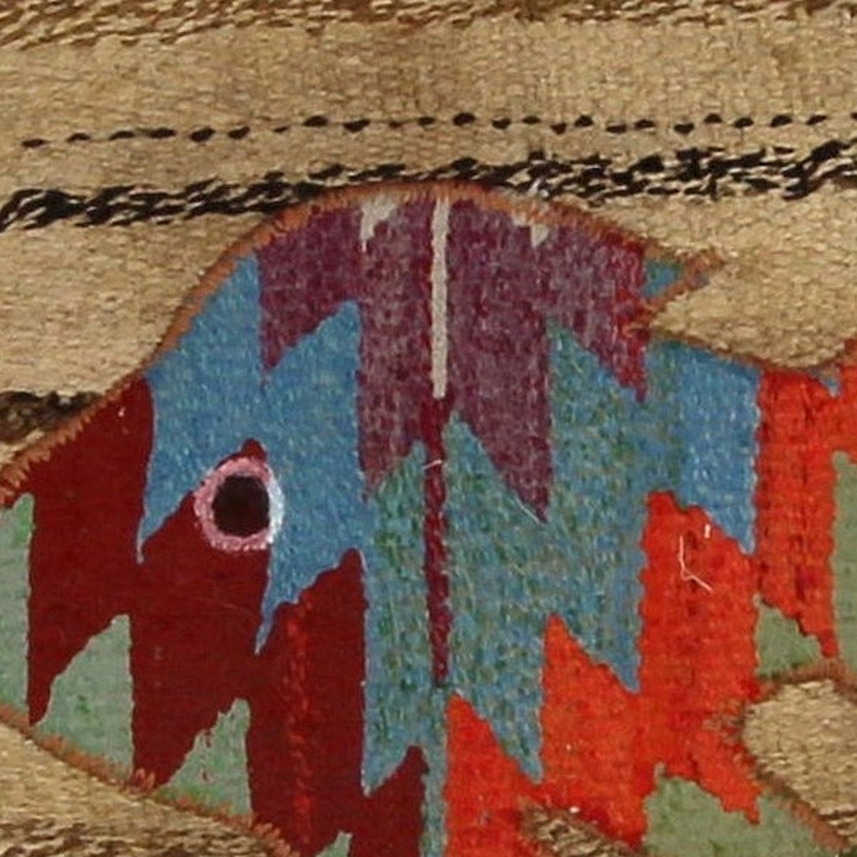 Close-up of the handwoven kilim weave - Kilim Fish Patchwork on Camel & Orange - WA-PFH-RED-6595-068 - Arconiz