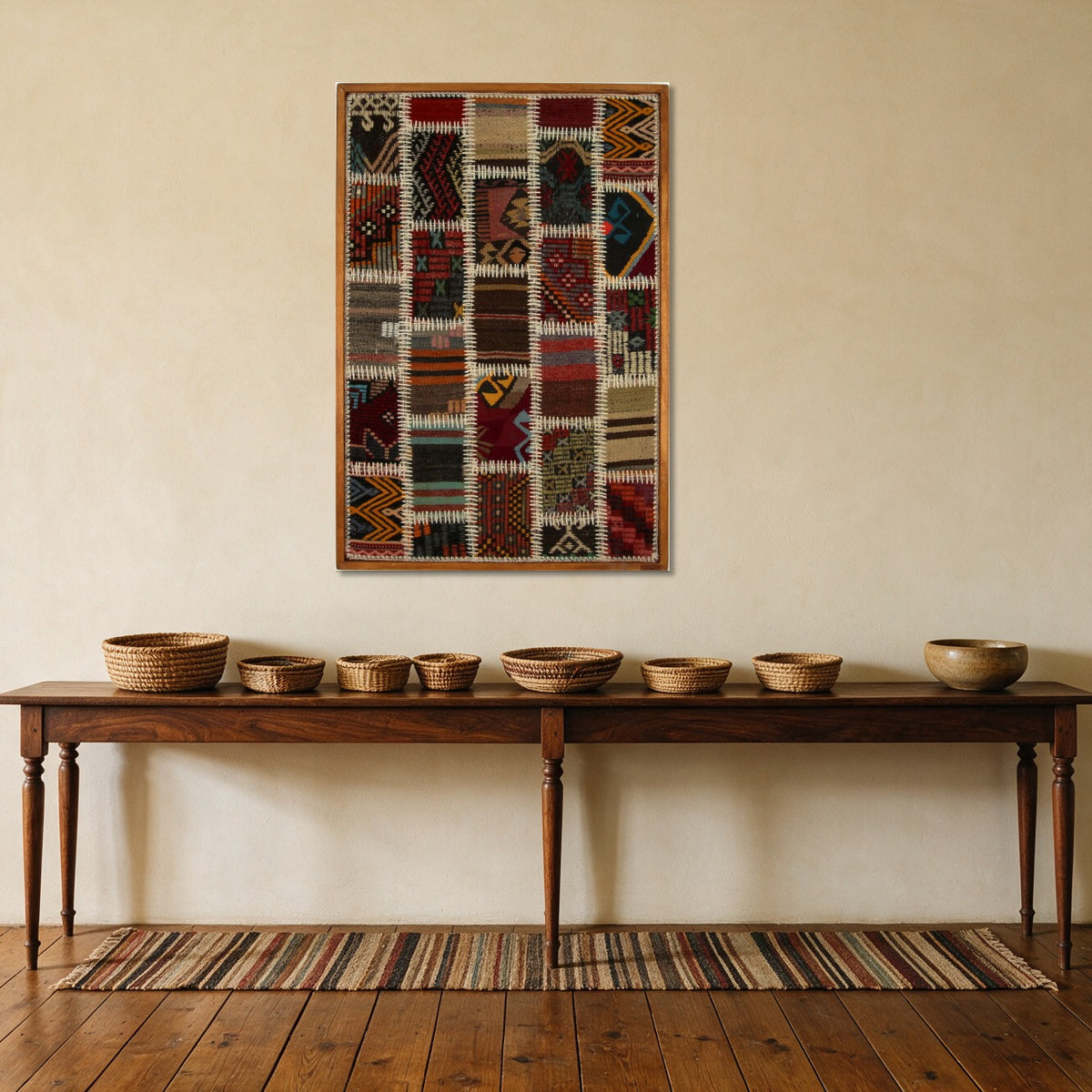 Teal & Ivory Kilim Patchwork on Red & Black woven wall art shown hanging in a styled room, for scale - WA-PCH-TEA-6595-069