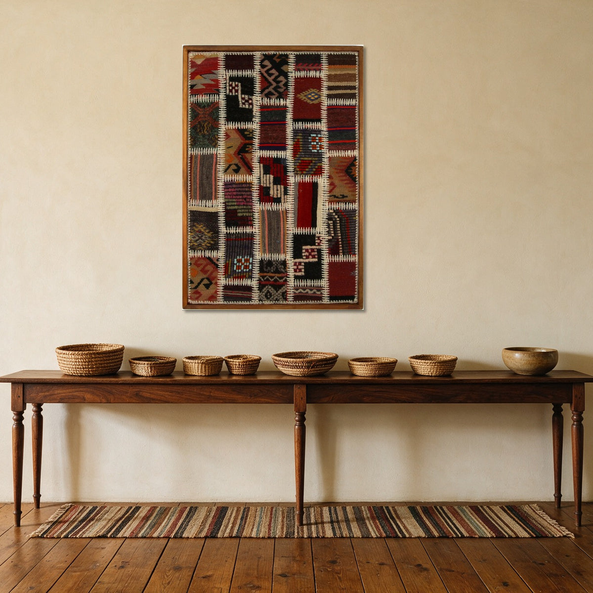 Cream Kilim Patchwork on Deep Red & Black woven wall art in a second styled room setting, for scale - WA-PCH-CRE-6595-070