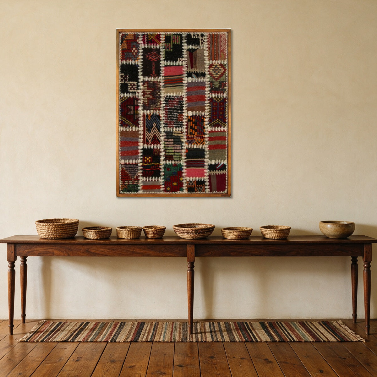 Magenta & Ivory Kilim Patchwork on Multicolor woven wall art shown hanging in a styled room, for scale - WA-PCH-MAG-6595-071