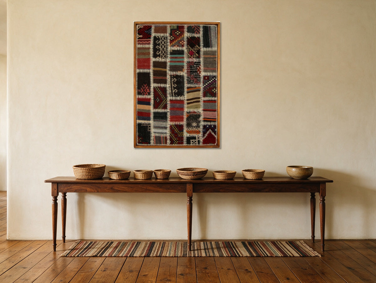 Ivory & Teal Kilim Patchwork on Red & Black woven wall art shown hanging in a styled room, for scale - WA-PCH-IVO-6595-073