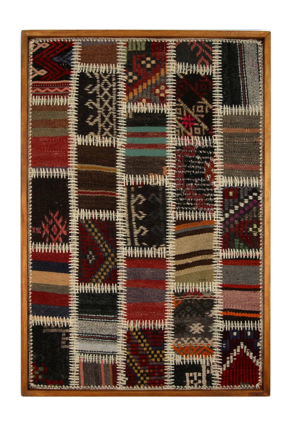 Ivory & Teal Kilim Patchwork woven wall art 26" x 37" - WA-PCH-IVO-6595-073 - Arconiz