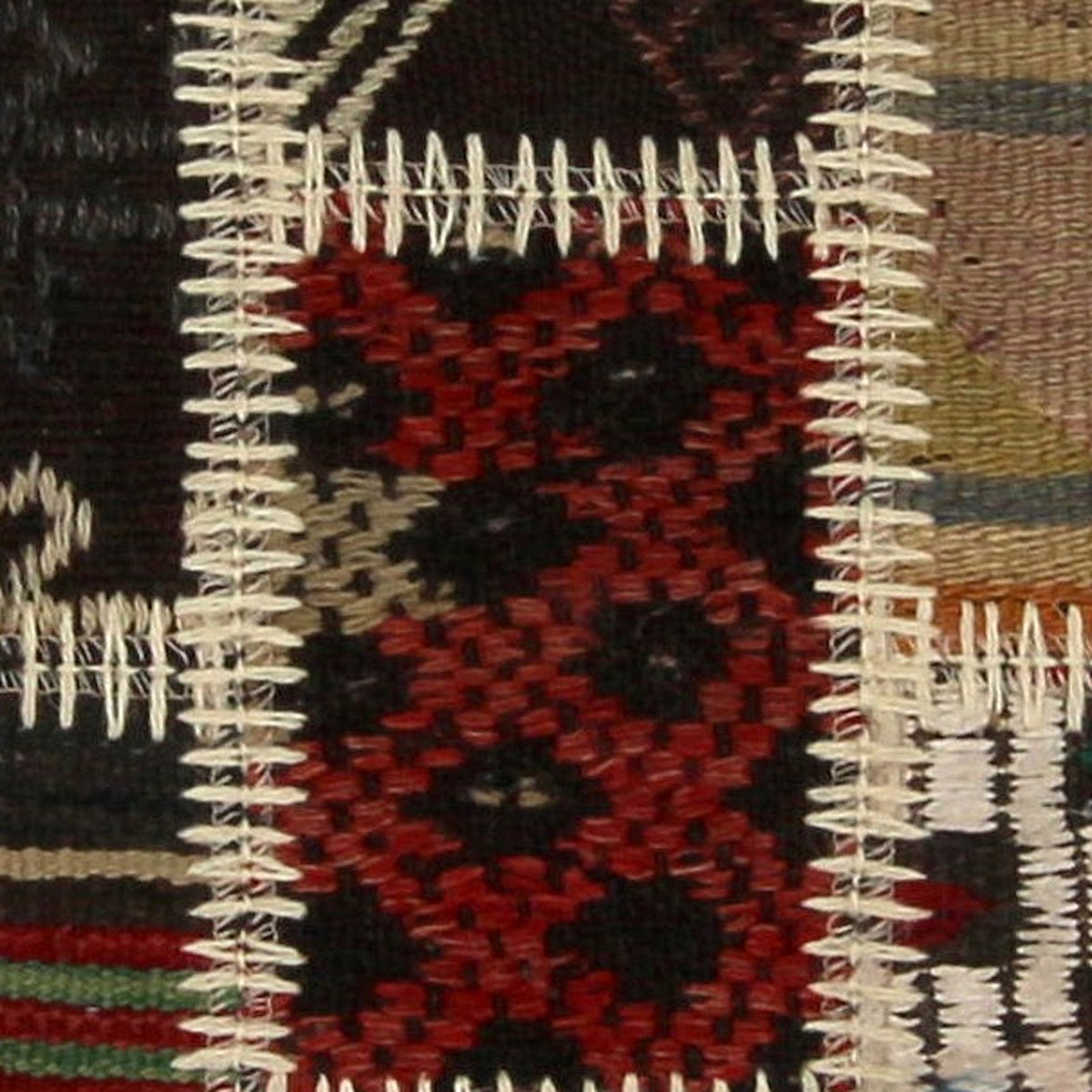 Close-up of the handwoven kilim weave - Red, Navy & Ochre Kilim Patchwork on Multicolor - WA-PCH-RED-6696-075 - Arconiz
