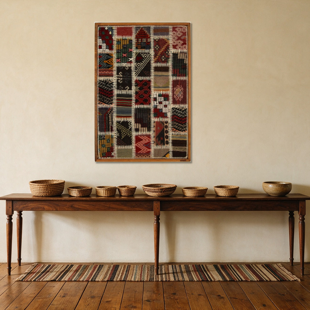Red, Navy & Ochre Kilim Patchwork on Multicolor woven wall art shown hanging in a styled room, for scale - WA-PCH-RED-6696-075