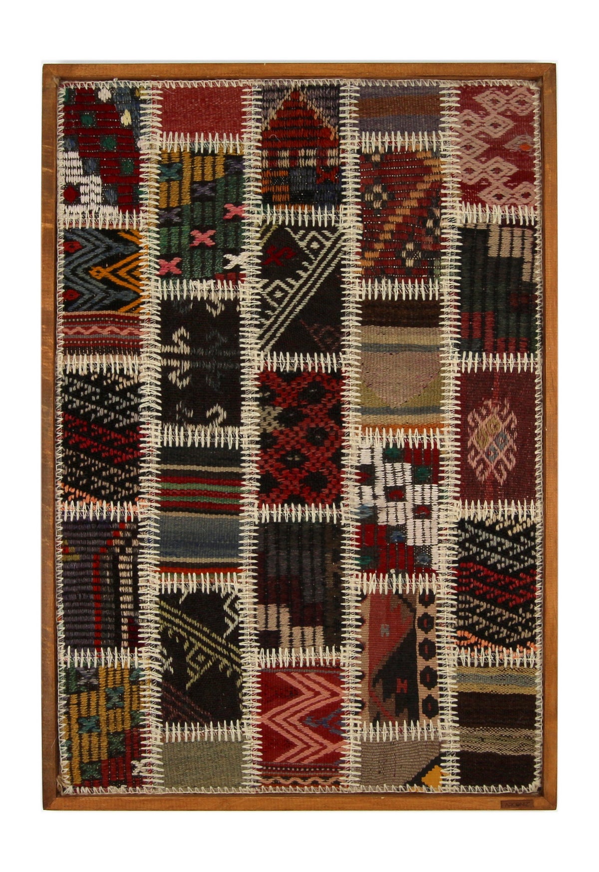 Red, Navy & Ochre Kilim Patchwork woven wall art 26" x 38" - WA-PCH-RED-6696-075 - Arconiz