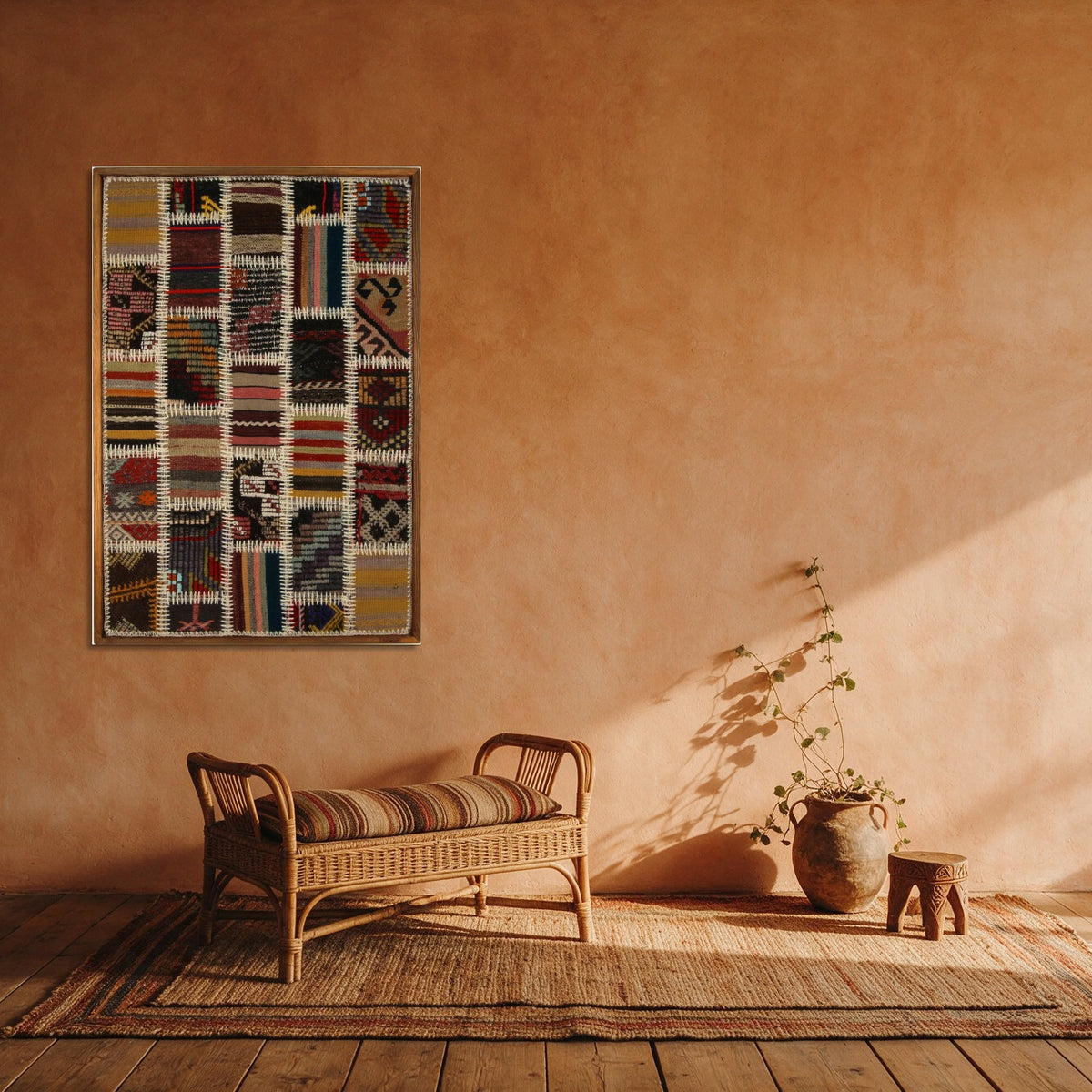 Burgundy & Cream Kilim Patchwork on Multicolor woven wall art shown hanging in a styled room, for scale - WA-PCH-BUR-6696-076