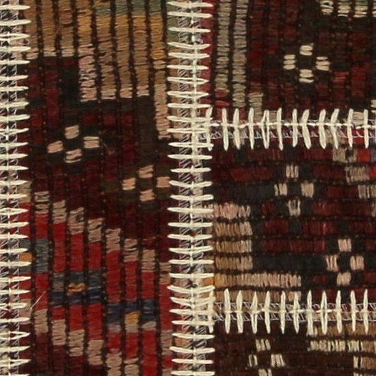 Close-up of the handwoven kilim weave - Burgundy & Charcoal Kilim Patchwork on Dark Multicolor - WA-PCH-BUR-70100-078 - Arconiz