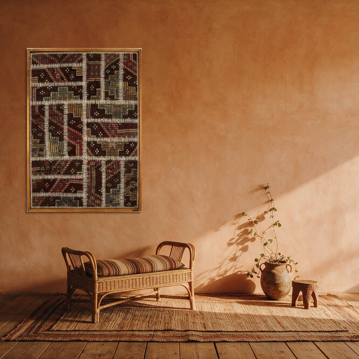 Burgundy & Charcoal Kilim Patchwork on Dark Multicolor woven wall art shown hanging in a styled room, for scale - WA-PCH-BUR-70100-078