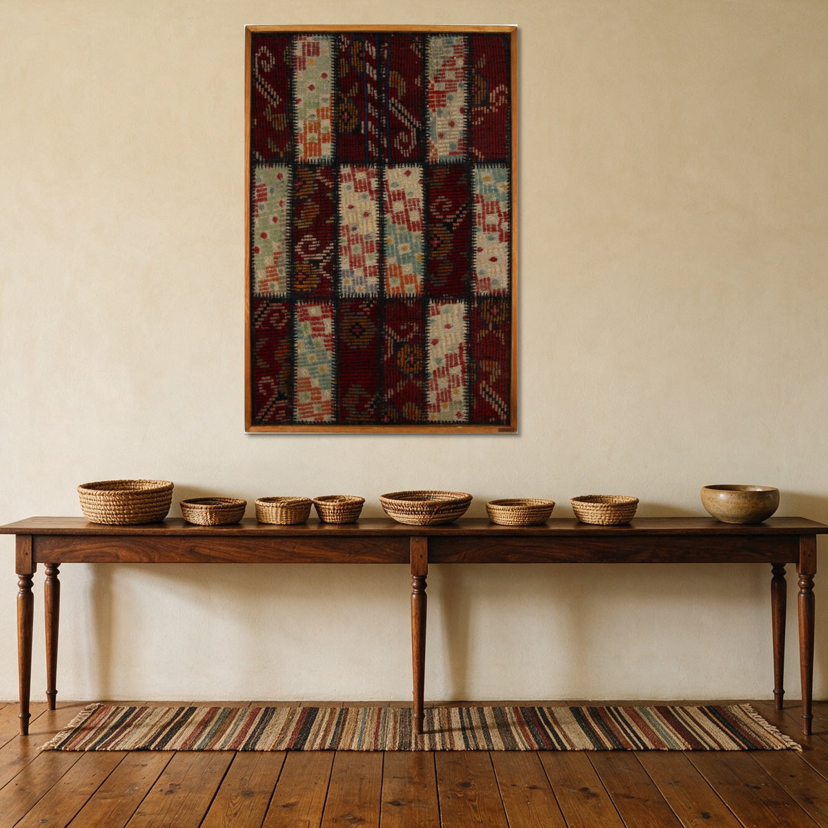 Cream & Aqua Kilim Patchwork on Burgundy woven wall art shown hanging in a styled room, for scale - WA-PCH-CRE-70105-079