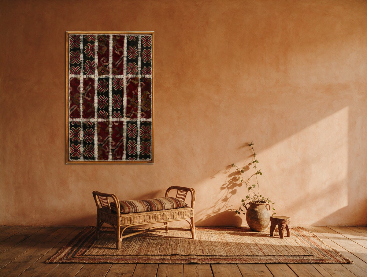 Ivory Kilim Patchwork on Deep Red & Black woven wall art shown hanging in a styled room, for scale - WA-PCH-IVO-70105-080
