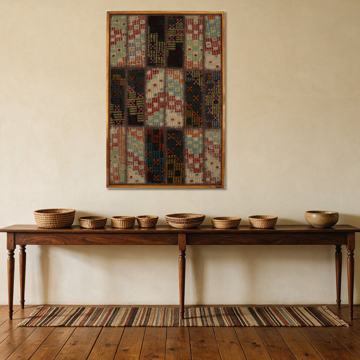 Aqua & Red Kilim Patchwork on Cream & Black woven wall art in a second styled room setting, for scale - WA-PCH-AQU-70105-082