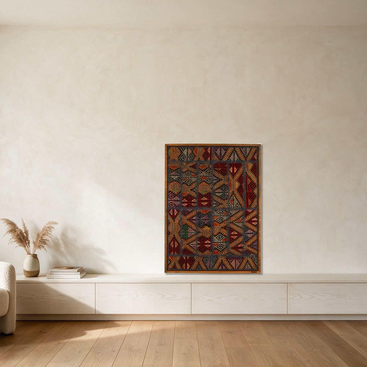 Navy & Red Tribal Kilim on Gold Ochre woven wall art shown hanging in a styled room, for scale - WA-TRB-NAV-7094-083