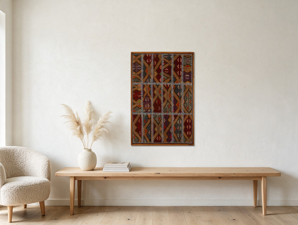 Red & Navy Tribal Kilim on Gold Ochre woven wall art shown hanging in a styled room, for scale - WA-TRB-RED-73108-084