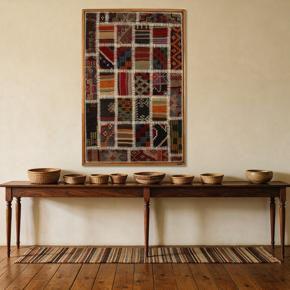 Rust & Ivory Kilim Patchwork on Warm Multicolor woven wall art shown hanging in a styled room, for scale - WA-PCH-RUS-76115-085