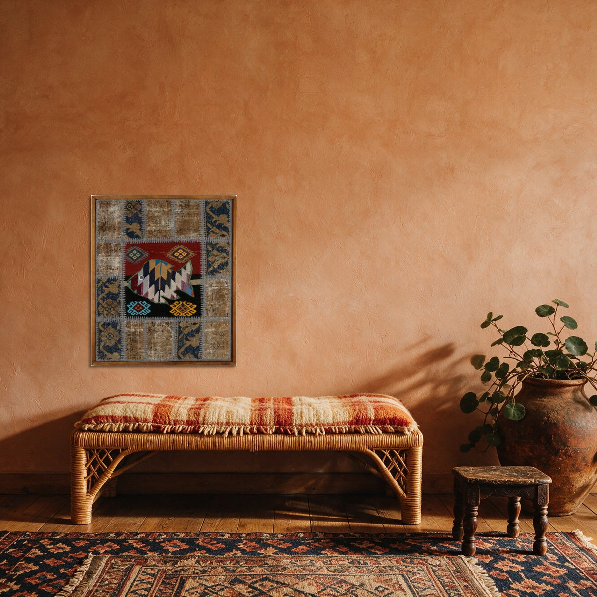 Kilim Fish Patchwork on Slate & Grey woven wall art in a second styled room setting, for scale - WA-PFH-RED-6576-086