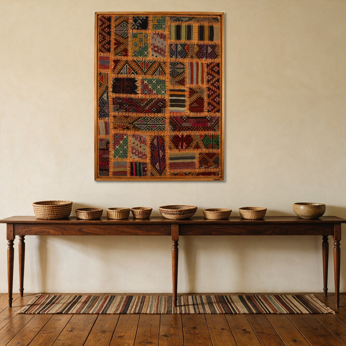 Orange & Emerald Kilim Patchwork on Rich Multicolor woven wall art shown hanging in a styled room, for scale - WA-PCH-ORA-80104-087