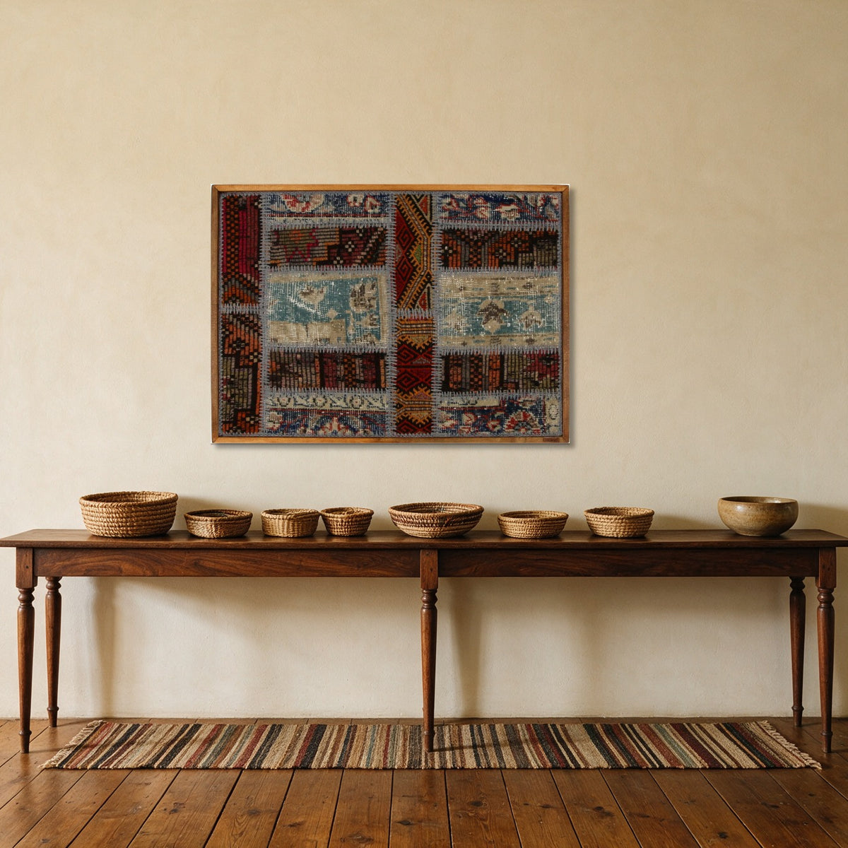 Duck Egg & Red Kilim Patchwork on Multicolor woven wall art shown hanging in a styled room, for scale - WA-PCH-DUC-9065-088